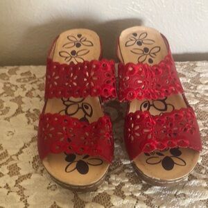 Red Floral Perforated Leather Mules